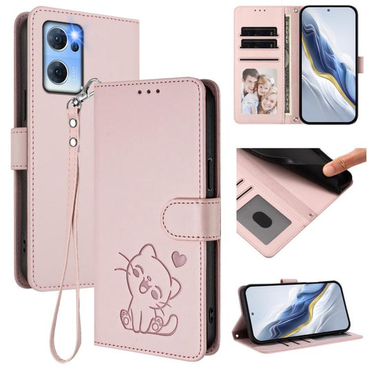 Embossed Heart Cat Leather Phone Case with Hand Strap, For OPPO Reno7 5G Global / Find X5 Lite