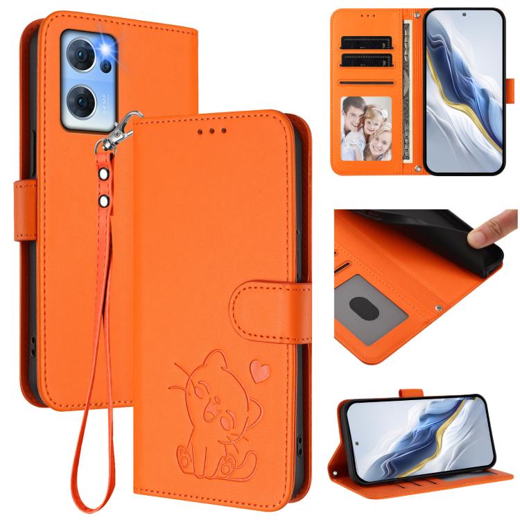Embossed Heart Cat Leather Phone Case with Hand Strap, For OPPO Reno7 5G Global / Find X5 Lite