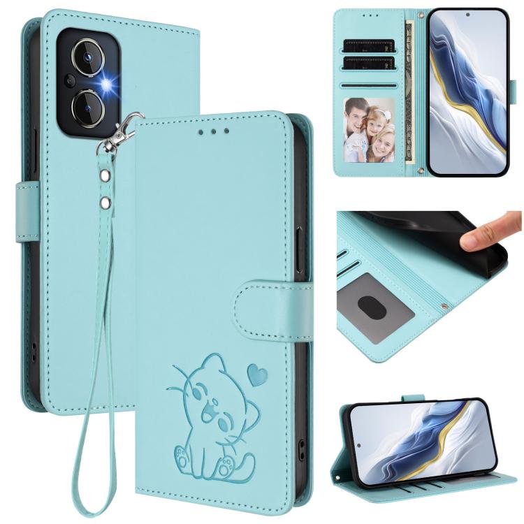 Embossed Heart Cat Leather Phone Case with Hand Strap, For OPPO Find X6 5G, For OPPO Reno8 T 5G Global / A1 Pro 5G, For OPPO Reno8 4G / Reno7 4G Global, For OPPO A57 / A77 / A57s 4G Global