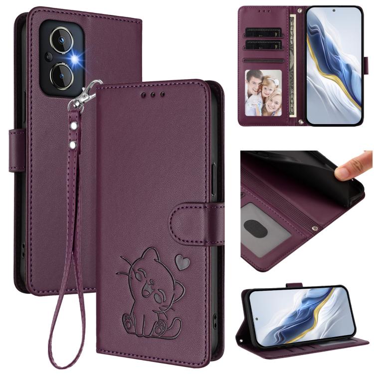 Embossed Heart Cat Leather Phone Case with Hand Strap, For OPPO Find X6 5G, For OPPO Reno8 T 5G Global / A1 Pro 5G, For OPPO Reno8 4G / Reno7 4G Global, For OPPO A57 / A77 / A57s 4G Global