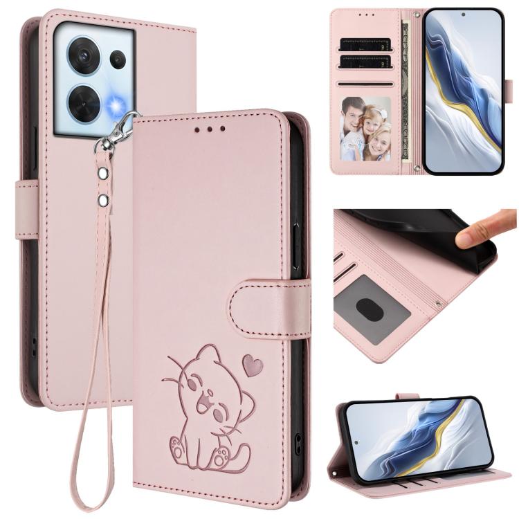 Embossed Heart Cat Leather Phone Case with Hand Strap, For OPPO Reno8 5G, For OPPO A36 / A76 / A96 / K10 4G, For OPPO Find X5 Pro, For OPPO Find X5