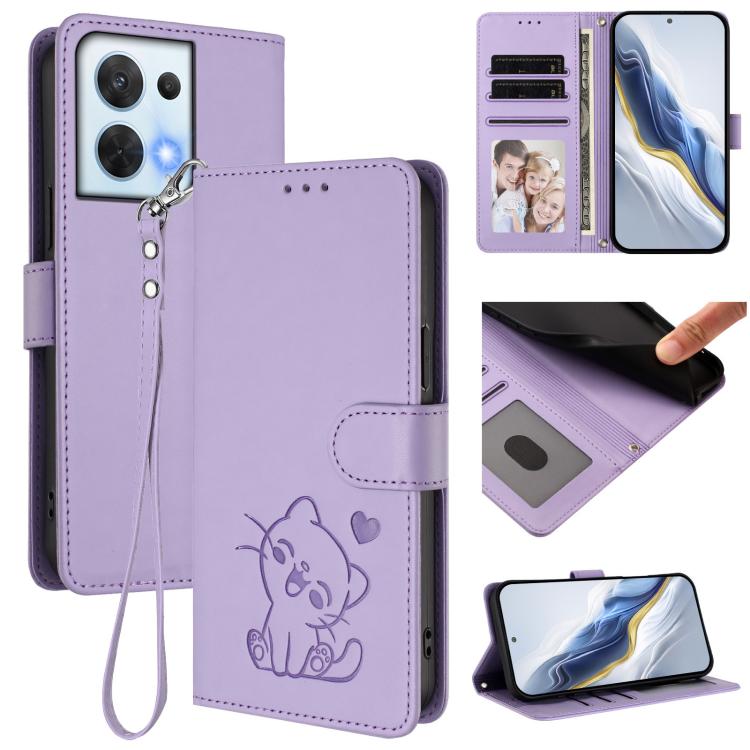 Embossed Heart Cat Leather Phone Case with Hand Strap, For OPPO Reno8 5G, For OPPO A36 / A76 / A96 / K10 4G, For OPPO Find X5 Pro, For OPPO Find X5