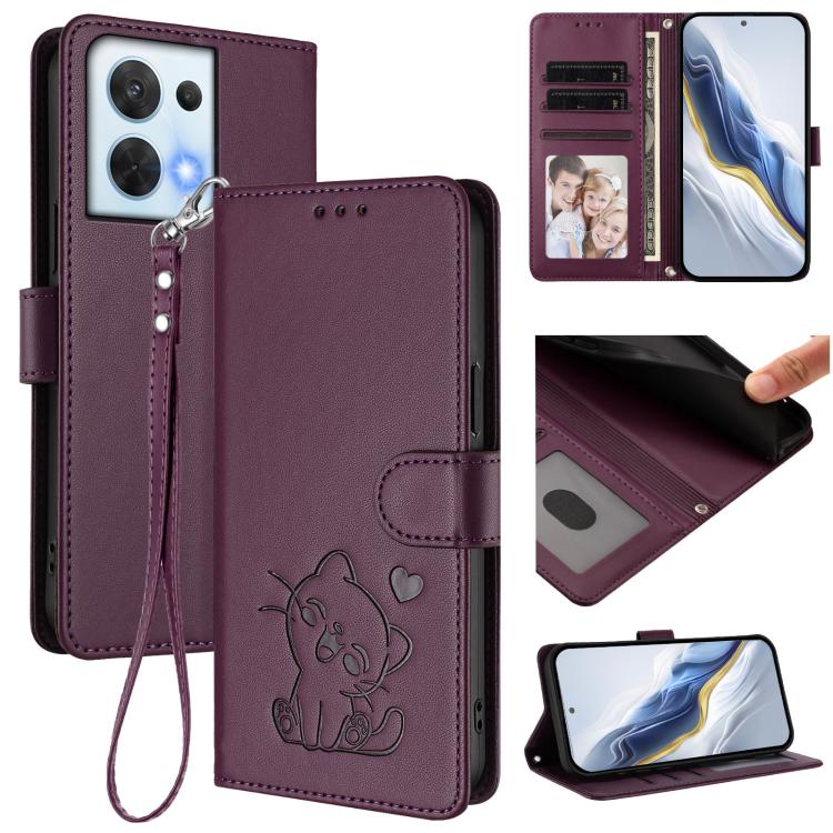 Embossed Heart Cat Leather Phone Case with Hand Strap, For OPPO Reno8 5G, For OPPO A36 / A76 / A96 / K10 4G, For OPPO Find X5 Pro, For OPPO Find X5