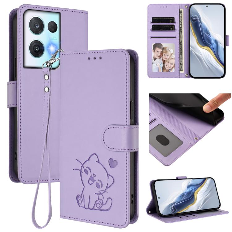 Embossed Heart Cat Leather Phone Case with Hand Strap, For OPPO Reno9 / Reno9 Pro 5G, For OPPO A17 4G Global / A17k, For OPPO K10 / A77 / A97 5G Global, For OPPO Reno8 Pro 5G