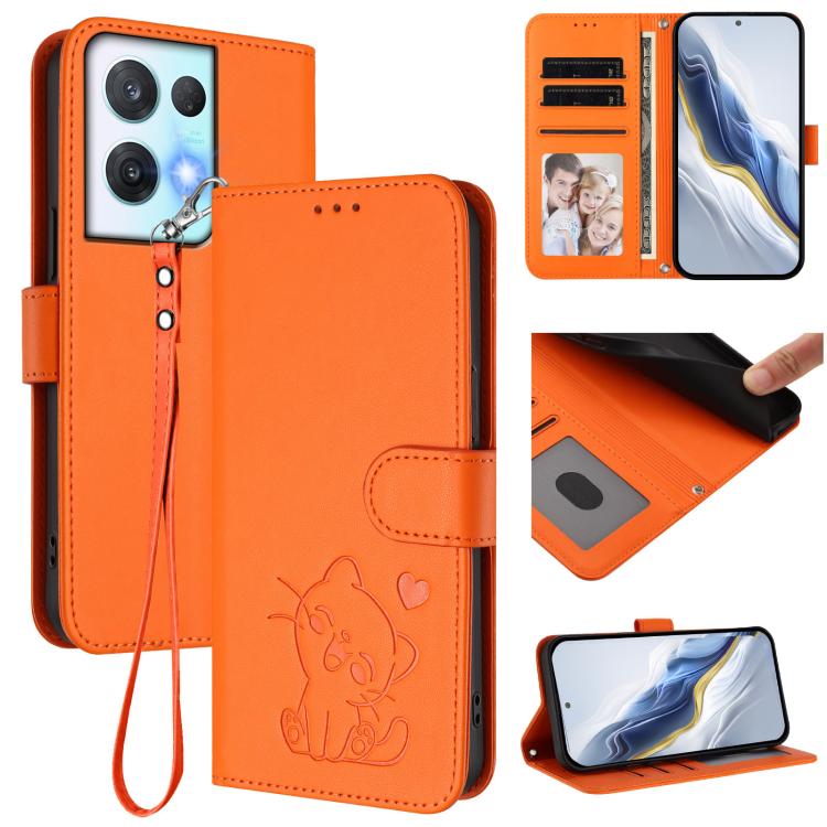 Embossed Heart Cat Leather Phone Case with Hand Strap, For OPPO Reno9 / Reno9 Pro 5G, For OPPO A17 4G Global / A17k, For OPPO K10 / A77 / A97 5G Global, For OPPO Reno8 Pro 5G
