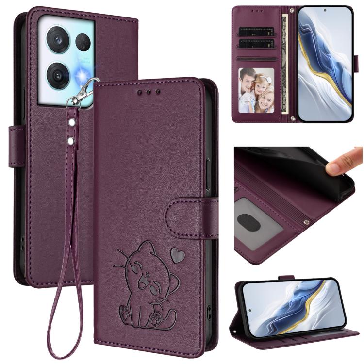 Embossed Heart Cat Leather Phone Case with Hand Strap, For OPPO Reno9 / Reno9 Pro 5G, For OPPO A17 4G Global / A17k, For OPPO K10 / A77 / A97 5G Global, For OPPO Reno8 Pro 5G