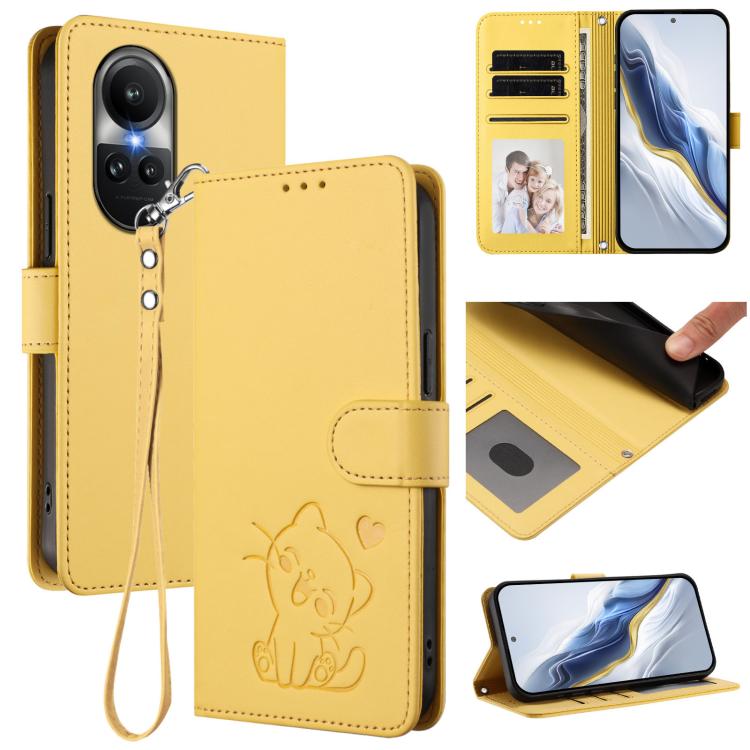 Embossed Heart Cat Leather Phone Case with Hand Strap, For OPPO A58 4G Global, For OPPO Reno10 / Reno10 Pro 5G Global, For OPPO A78 4G Global, For OPPO A98 5G / F23 5G India