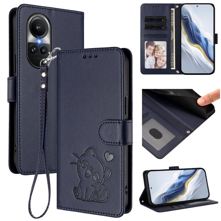 Embossed Heart Cat Leather Phone Case with Hand Strap, For OPPO A58 4G Global, For OPPO Reno10 / Reno10 Pro 5G Global, For OPPO A78 4G Global, For OPPO A98 5G / F23 5G India