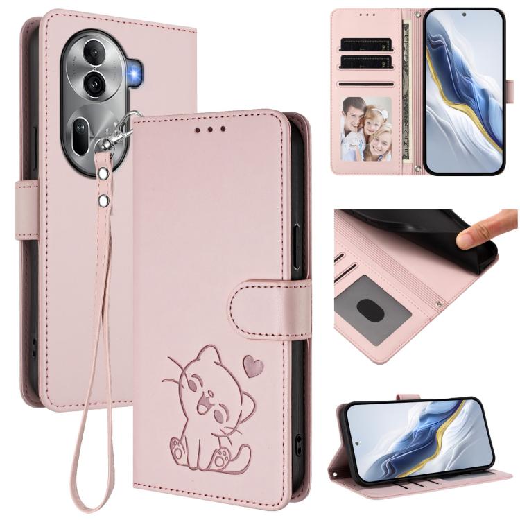 Embossed Heart Cat Leather Phone Case with Hand Strap, For OPPO Reno11 Pro 5G Global, For OPPO Find X7 Ultra, For OPPO A18 4G Global / A38 4G, For OPPO Reno9 A
