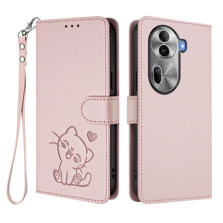 Embossed Heart Cat Leather Phone Case with Hand Strap, For OPPO Reno11 Pro 5G Global, For OPPO Find X7 Ultra, For OPPO A18 4G Global / A38 4G, For OPPO Reno9 A