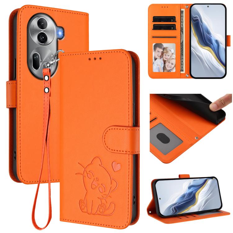 Embossed Heart Cat Leather Phone Case with Hand Strap, For OPPO Reno11 Pro 5G Global, For OPPO Find X7 Ultra, For OPPO A18 4G Global / A38 4G, For OPPO Reno9 A