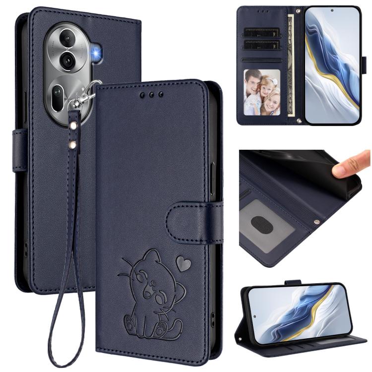 Embossed Heart Cat Leather Phone Case with Hand Strap, For OPPO Reno11 Pro 5G Global, For OPPO Find X7 Ultra, For OPPO A18 4G Global / A38 4G, For OPPO Reno9 A