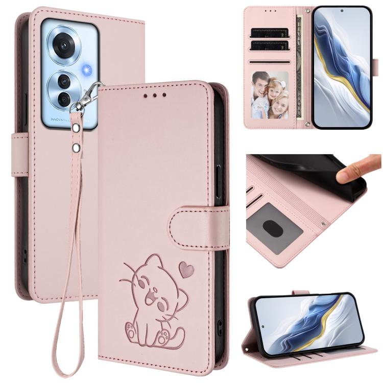 Embossed Heart Cat Leather Phone Case with Hand Strap, For OPPO A60 4G Global, For OPPO Reno11 F 5G Global, For OPPO Find X7, For OPPO Reno11 5G Global