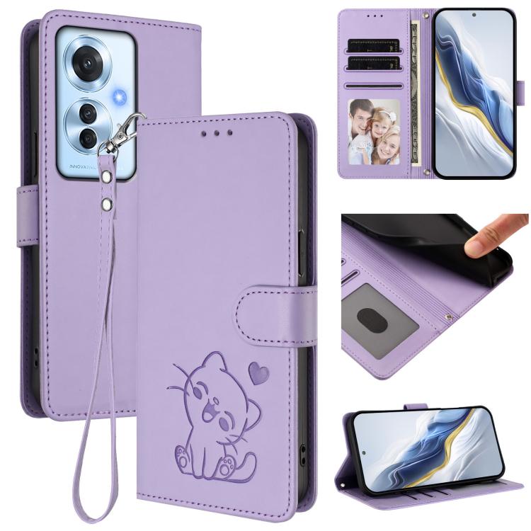 Embossed Heart Cat Leather Phone Case with Hand Strap, For OPPO A60 4G Global, For OPPO Reno11 F 5G Global, For OPPO Find X7, For OPPO Reno11 5G Global