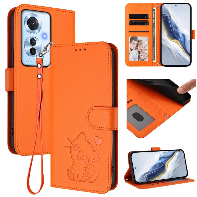 Embossed Heart Cat Leather Phone Case with Hand Strap, For OPPO A60 4G Global, For OPPO Reno11 F 5G Global, For OPPO Find X7, For OPPO Reno11 5G Global