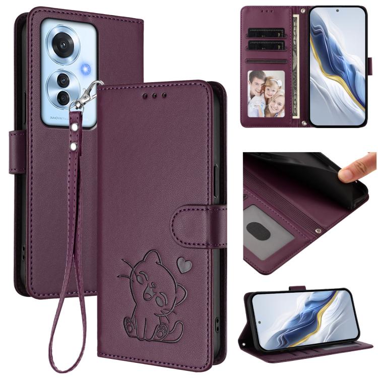 Embossed Heart Cat Leather Phone Case with Hand Strap, For OPPO A60 4G Global, For OPPO Reno11 F 5G Global, For OPPO Find X7, For OPPO Reno11 5G Global