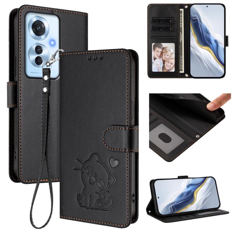 Embossed Heart Cat Leather Phone Case with Hand Strap, For OPPO A60 4G Global, For OPPO Reno11 F 5G Global, For OPPO Find X7, For OPPO Reno11 5G Global