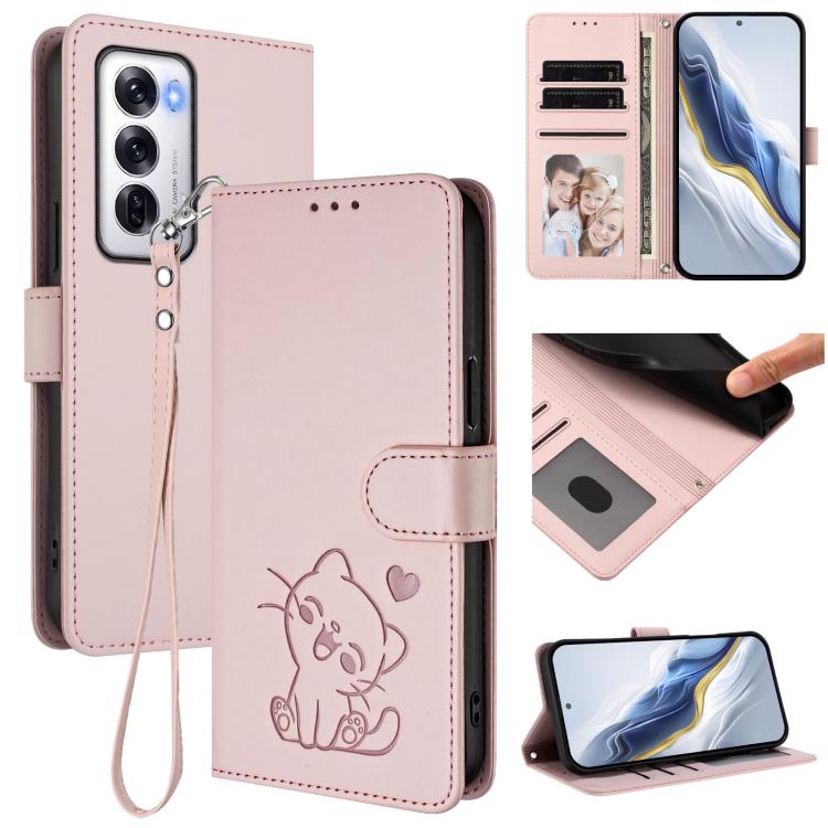 Embossed Heart Cat Leather Phone Case with Hand Strap, For OPPO Reno12 F 5G / 4G, For OPPO Reno12 Pro 5G Global, For OPPO Reno12 5G Global, For OPPO A2 Pro 5G / F27 Pro 5G