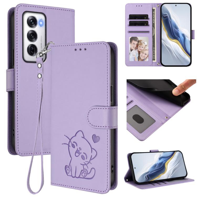 Embossed Heart Cat Leather Phone Case with Hand Strap, For OPPO Reno12 F 5G / 4G, For OPPO Reno12 Pro 5G Global, For OPPO Reno12 5G Global, For OPPO A2 Pro 5G / F27 Pro 5G