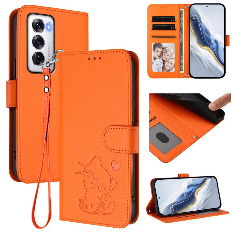 Embossed Heart Cat Leather Phone Case with Hand Strap, For OPPO Reno12 F 5G / 4G, For OPPO Reno12 Pro 5G Global, For OPPO Reno12 5G Global, For OPPO A2 Pro 5G / F27 Pro 5G