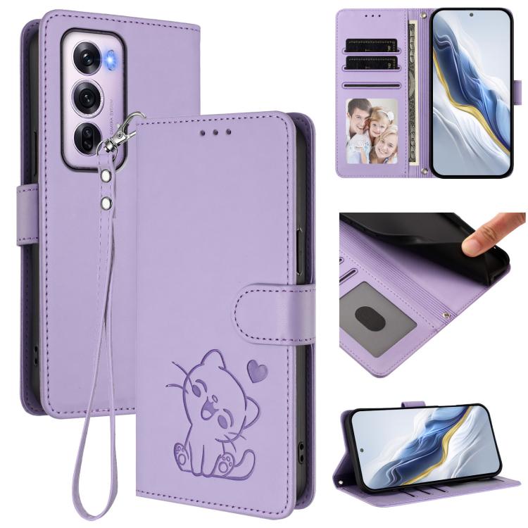 Embossed Heart Cat Leather Phone Case with Hand Strap, For OPPO Reno12 F 5G / 4G, For OPPO Reno12 Pro 5G Global, For OPPO Reno12 5G Global, For OPPO A2 Pro 5G / F27 Pro 5G