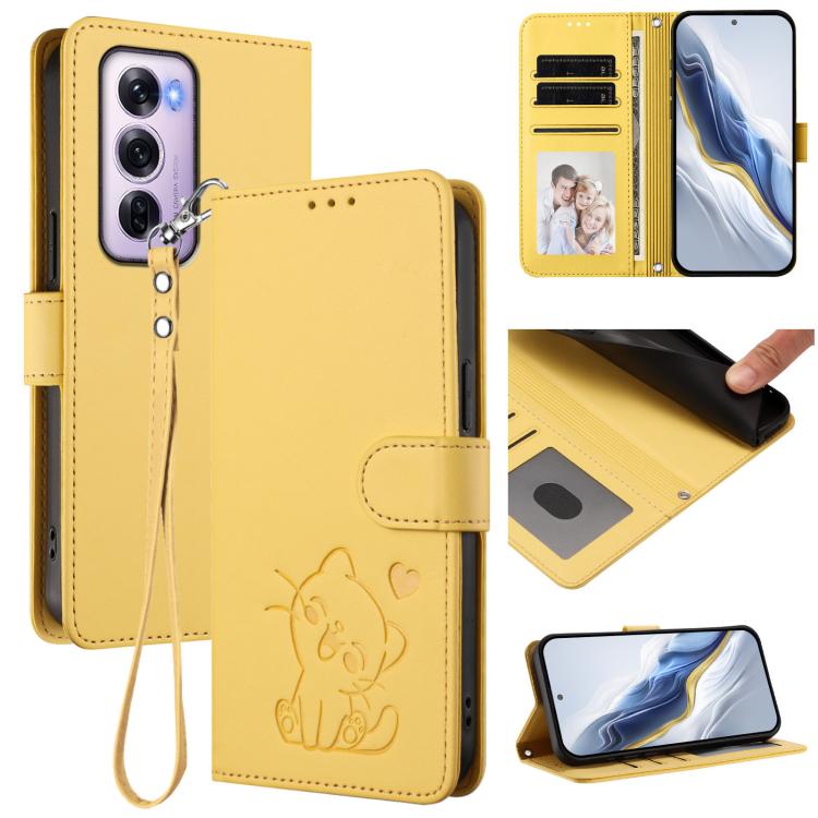 Embossed Heart Cat Leather Phone Case with Hand Strap, For OPPO Reno12 F 5G / 4G, For OPPO Reno12 Pro 5G Global, For OPPO Reno12 5G Global, For OPPO A2 Pro 5G / F27 Pro 5G