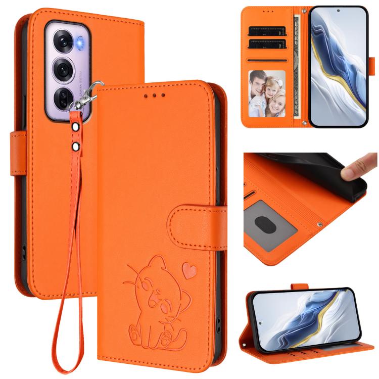Embossed Heart Cat Leather Phone Case with Hand Strap, For OPPO Reno12 F 5G / 4G, For OPPO Reno12 Pro 5G Global, For OPPO Reno12 5G Global, For OPPO A2 Pro 5G / F27 Pro 5G