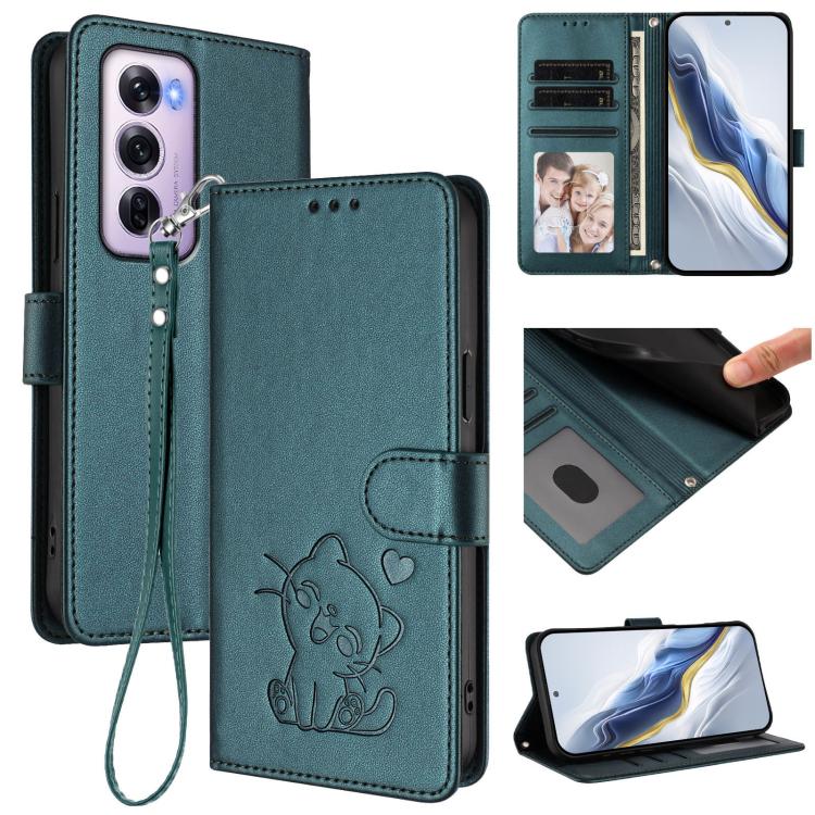 Embossed Heart Cat Leather Phone Case with Hand Strap, For OPPO Reno12 F 5G / 4G, For OPPO Reno12 Pro 5G Global, For OPPO Reno12 5G Global, For OPPO A2 Pro 5G / F27 Pro 5G
