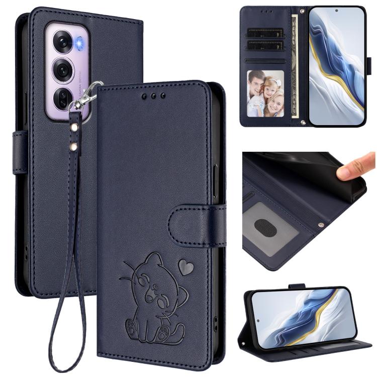 Embossed Heart Cat Leather Phone Case with Hand Strap, For OPPO Reno12 F 5G / 4G, For OPPO Reno12 Pro 5G Global, For OPPO Reno12 5G Global, For OPPO A2 Pro 5G / F27 Pro 5G
