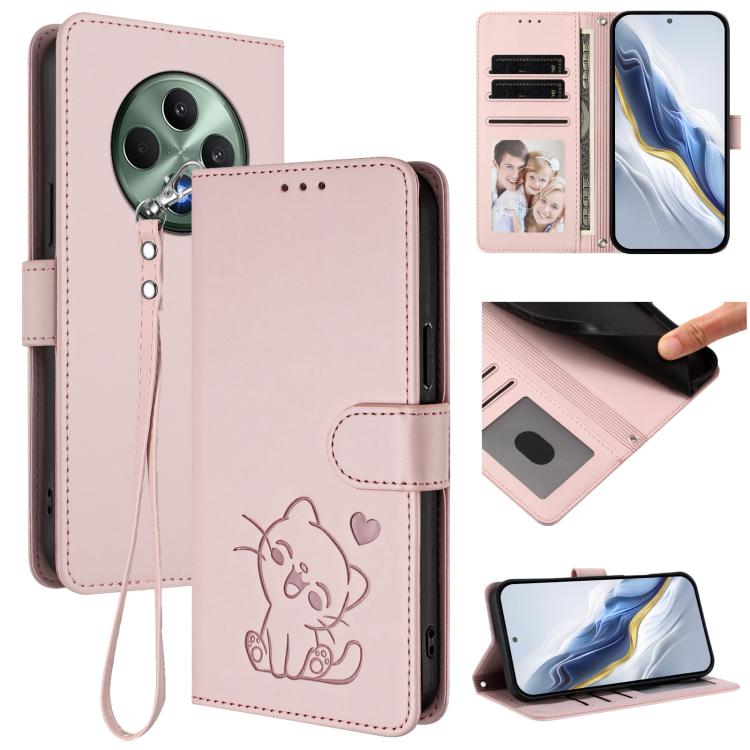 Embossed Heart Cat Leather Phone Case with Hand Strap, For OPPO Reno12 F 5G / 4G, For OPPO Reno12 Pro 5G Global, For OPPO Reno12 5G Global, For OPPO A2 Pro 5G / F27 Pro 5G