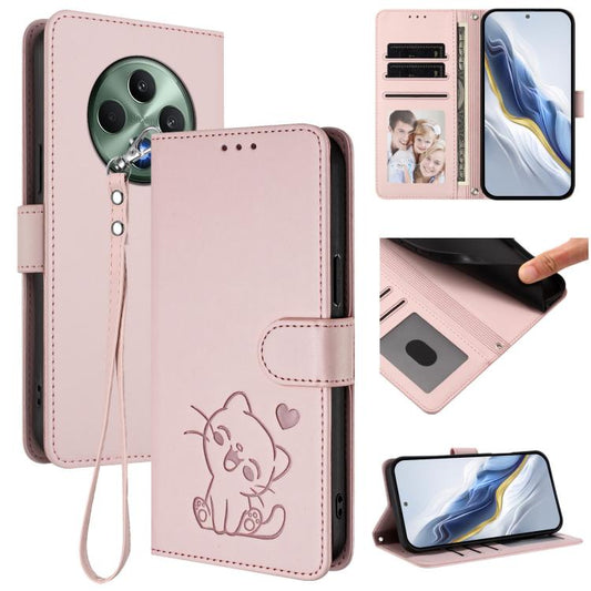 Embossed Heart Cat Leather Phone Case with Hand Strap, For OPPO Reno12 F 5G / 4G, For OPPO Reno12 Pro 5G Global, For OPPO Reno12 5G Global, For OPPO A2 Pro 5G / F27 Pro 5G