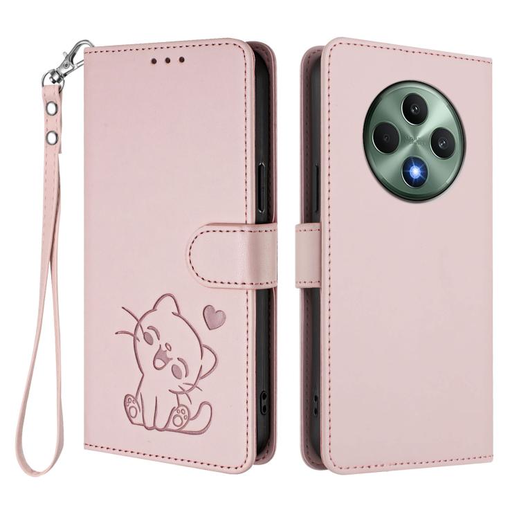 Embossed Heart Cat Leather Phone Case with Hand Strap, For OPPO Reno12 F 5G / 4G, For OPPO Reno12 Pro 5G Global, For OPPO Reno12 5G Global, For OPPO A2 Pro 5G / F27 Pro 5G