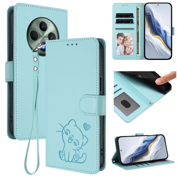 Embossed Heart Cat Leather Phone Case with Hand Strap, For OPPO Reno12 F 5G / 4G, For OPPO Reno12 Pro 5G Global, For OPPO Reno12 5G Global, For OPPO A2 Pro 5G / F27 Pro 5G