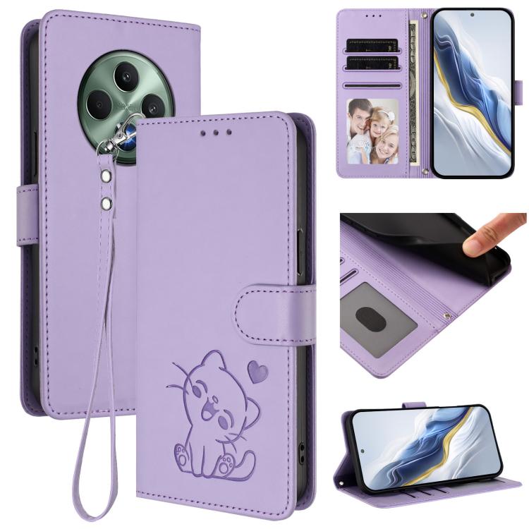Embossed Heart Cat Leather Phone Case with Hand Strap, For OPPO Reno12 F 5G / 4G, For OPPO Reno12 Pro 5G Global, For OPPO Reno12 5G Global, For OPPO A2 Pro 5G / F27 Pro 5G
