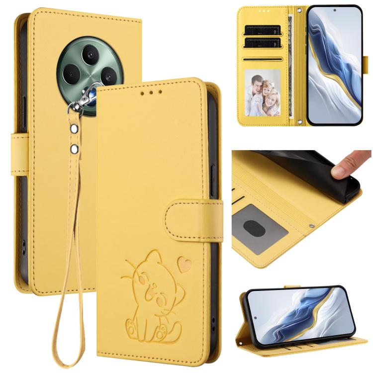 Embossed Heart Cat Leather Phone Case with Hand Strap, For OPPO Reno12 F 5G / 4G, For OPPO Reno12 Pro 5G Global, For OPPO Reno12 5G Global, For OPPO A2 Pro 5G / F27 Pro 5G