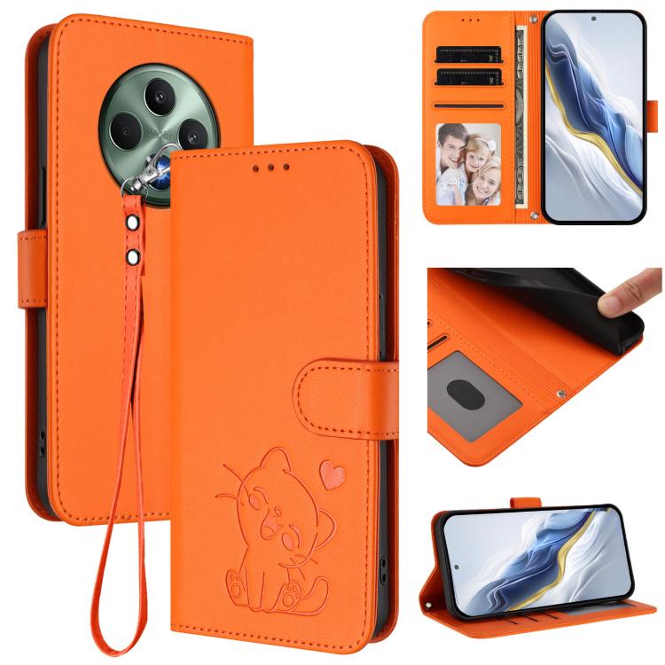 Embossed Heart Cat Leather Phone Case with Hand Strap, For OPPO Reno12 F 5G / 4G, For OPPO Reno12 Pro 5G Global, For OPPO Reno12 5G Global, For OPPO A2 Pro 5G / F27 Pro 5G