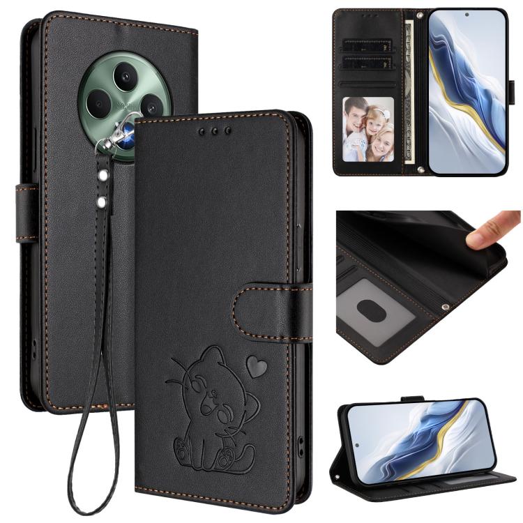 Embossed Heart Cat Leather Phone Case with Hand Strap, For OPPO Reno12 F 5G / 4G, For OPPO Reno12 Pro 5G Global, For OPPO Reno12 5G Global, For OPPO A2 Pro 5G / F27 Pro 5G
