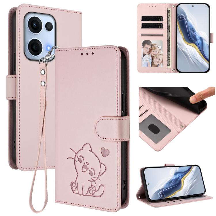 Embossed Heart Cat Leather Phone Case with Hand Strap, For OPPO F29 Pro 5G Global, For OPPO F29 5G Global, For OPPO Reno13 Pro 5G Global, For OPPO Reno13 5G Global