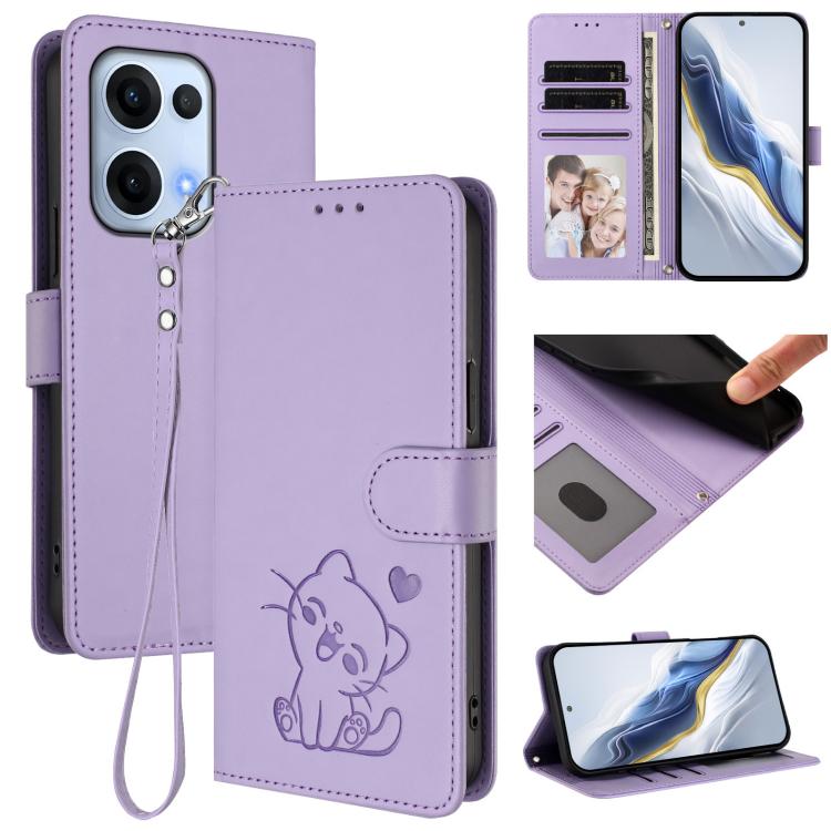 Embossed Heart Cat Leather Phone Case with Hand Strap, For OPPO F29 Pro 5G Global, For OPPO F29 5G Global, For OPPO Reno13 Pro 5G Global, For OPPO Reno13 5G Global