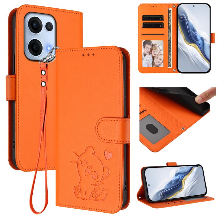 Embossed Heart Cat Leather Phone Case with Hand Strap, For OPPO F29 Pro 5G Global, For OPPO F29 5G Global, For OPPO Reno13 Pro 5G Global, For OPPO Reno13 5G Global