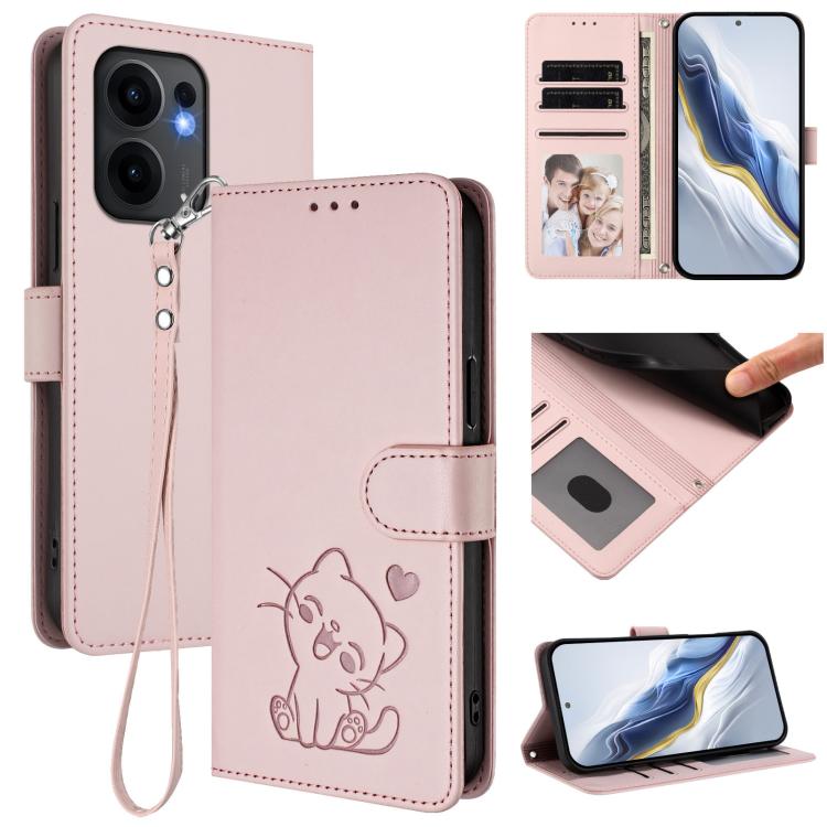 Embossed Heart Cat Leather Phone Case with Hand Strap, For OPPO Reno13 F 5G Global / 4G India, For OPPO A3x / A3 / A60 5G Global, For OPPO Find X8 5G, For OPPO A80 5G EU / K12x 5G Global