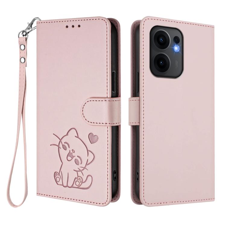Embossed Heart Cat Leather Phone Case with Hand Strap, For OPPO Reno13 F 5G Global / 4G India, For OPPO A3x / A3 / A60 5G Global, For OPPO Find X8 5G, For OPPO A80 5G EU / K12x 5G Global