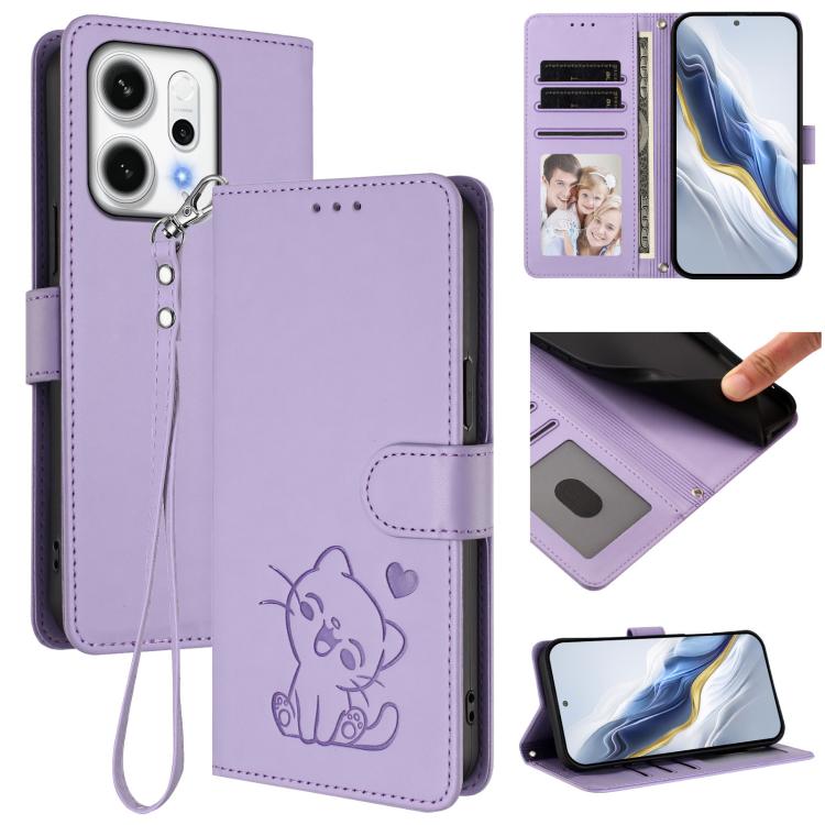 Embossed Heart Cat Leather Phone Case with Hand Strap, For OPPO A79 5G Global, For OPPO A5x 5G / 4G Global, For OPPO A5 5G / A3 Pro 5G Global, For OPPO Reno14 Pro 5G