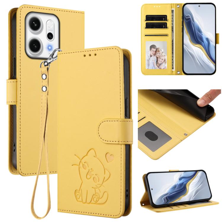 Embossed Heart Cat Leather Phone Case with Hand Strap, For OPPO A79 5G Global, For OPPO A5x 5G / 4G Global, For OPPO A5 5G / A3 Pro 5G Global, For OPPO Reno14 Pro 5G