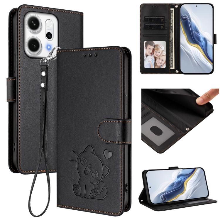Embossed Heart Cat Leather Phone Case with Hand Strap, For OPPO A79 5G Global, For OPPO A5x 5G / 4G Global, For OPPO A5 5G / A3 Pro 5G Global, For OPPO Reno14 Pro 5G