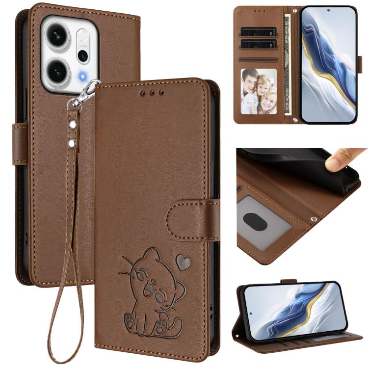 Embossed Heart Cat Leather Phone Case with Hand Strap, For OPPO A6 GT 5G, For OPPO K13 India, For OPPO K13 Turbo 5G, For OPPO Reno14 F 5G / Reno14 5G