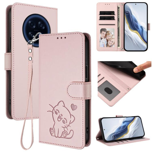 Embossed Heart Cat Leather Phone Case with Hand Strap, For OPPO A6 GT 5G, For OPPO K13 India, For OPPO K13 Turbo 5G, For OPPO Reno14 F 5G / Reno14 5G