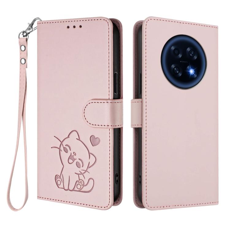 Embossed Heart Cat Leather Phone Case with Hand Strap, For OPPO A6 GT 5G, For OPPO K13 India, For OPPO K13 Turbo 5G, For OPPO Reno14 F 5G / Reno14 5G