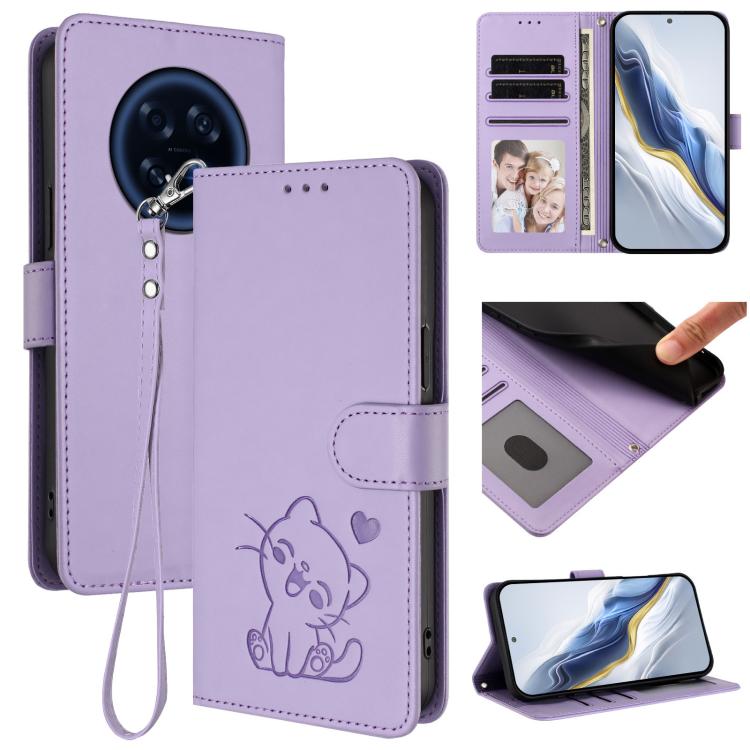 Embossed Heart Cat Leather Phone Case with Hand Strap, For OPPO A6 GT 5G, For OPPO K13 India, For OPPO K13 Turbo 5G, For OPPO Reno14 F 5G / Reno14 5G