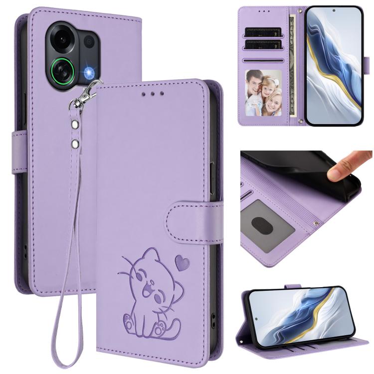 Embossed Heart Cat Leather Phone Case with Hand Strap, For OPPO A6 GT 5G, For OPPO K13 India, For OPPO K13 Turbo 5G, For OPPO Reno14 F 5G / Reno14 5G